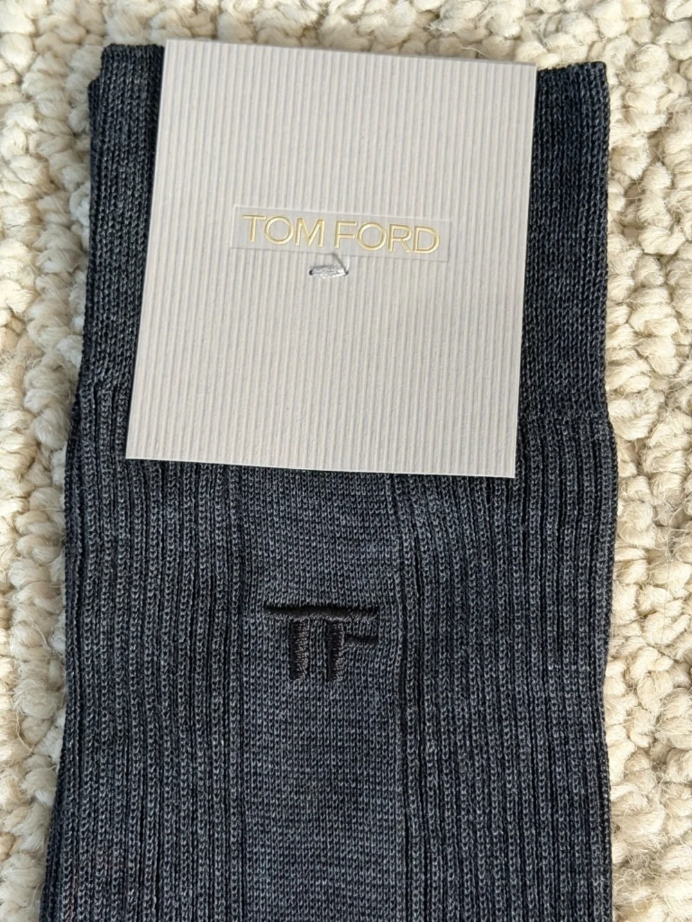 Tom Ford Charcoal Gray Embroidered TF Logo Ribbed Cotton Soft Dress Crew Socks